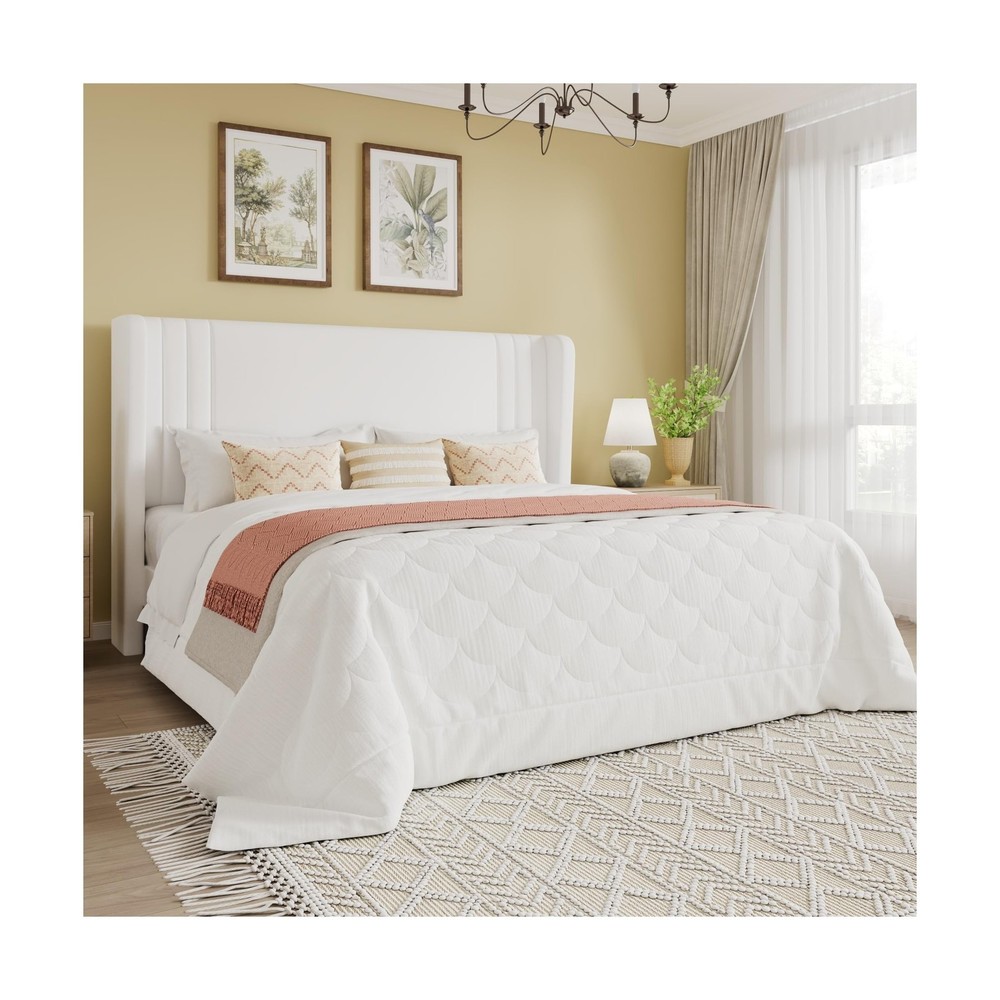 SHA CERLIN Queen Size Velvet Upholstered Platform Bed Frame with Vertical Cha...
