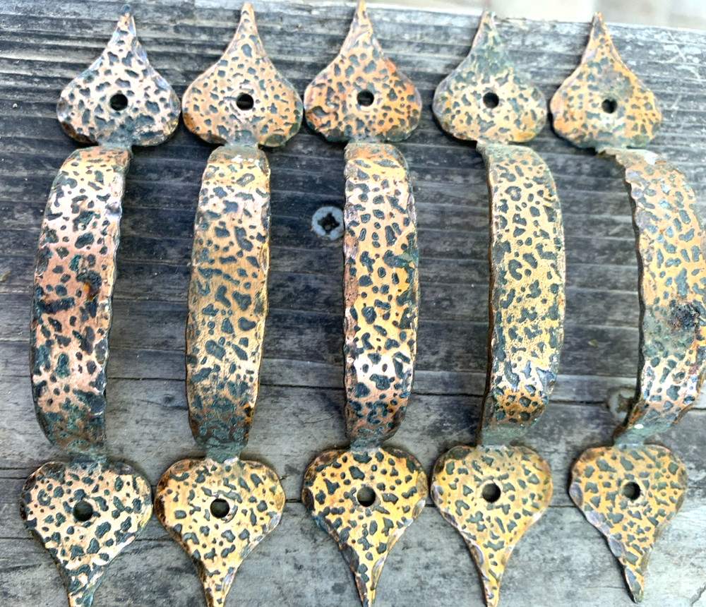 Hammered Copper Drawer Pulls Handles Rustic Farmhouse Style Set-5 with Patina