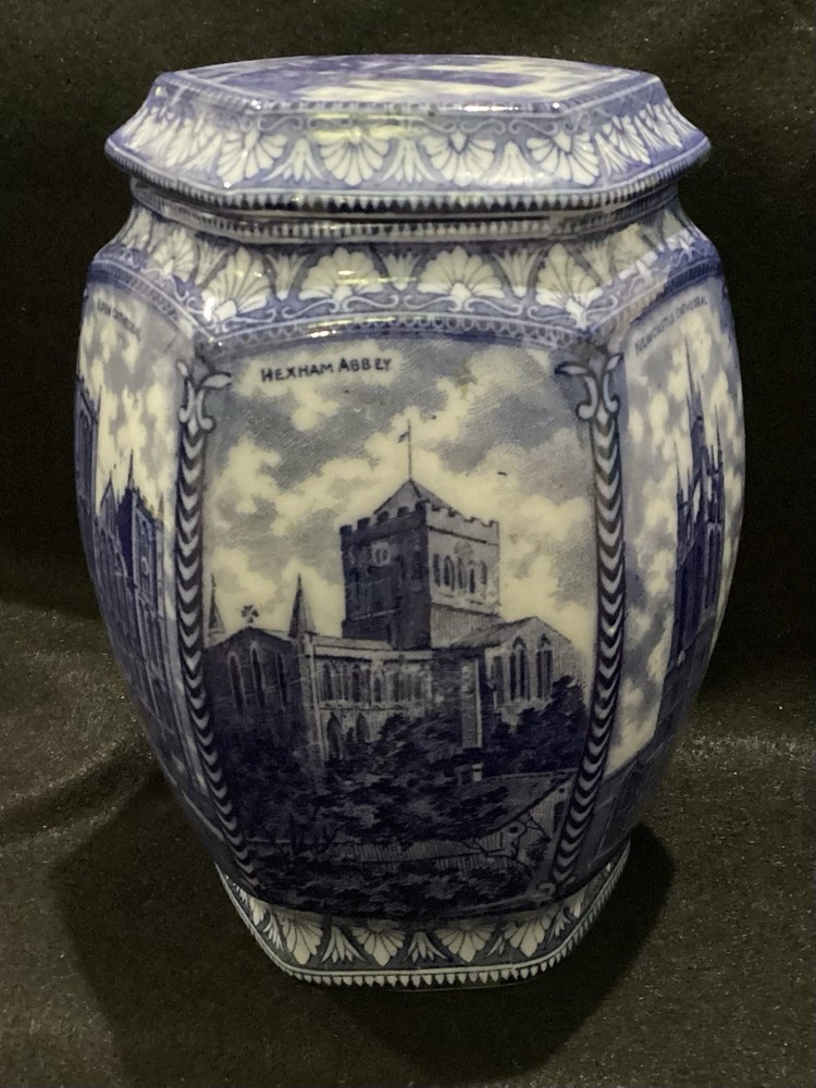 Rington's Maling Ware Tea Caddy England - Cathedrals 1929 Blue Transfer Ware @FS
