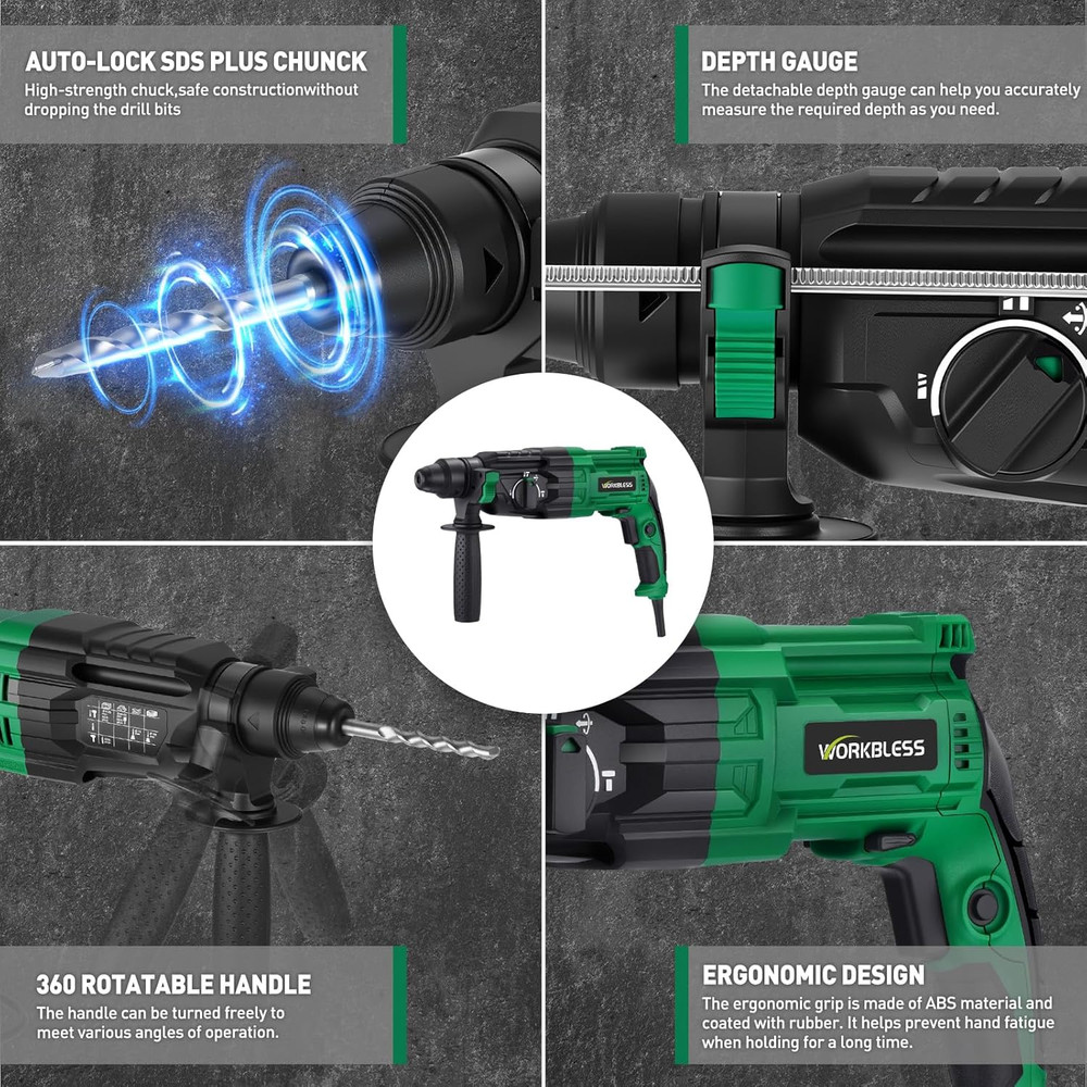 1 Inch Sds-Plus Rotary Hammer Drill, 8Amp, 3.0J 4 Functions Variable Speed Hamme