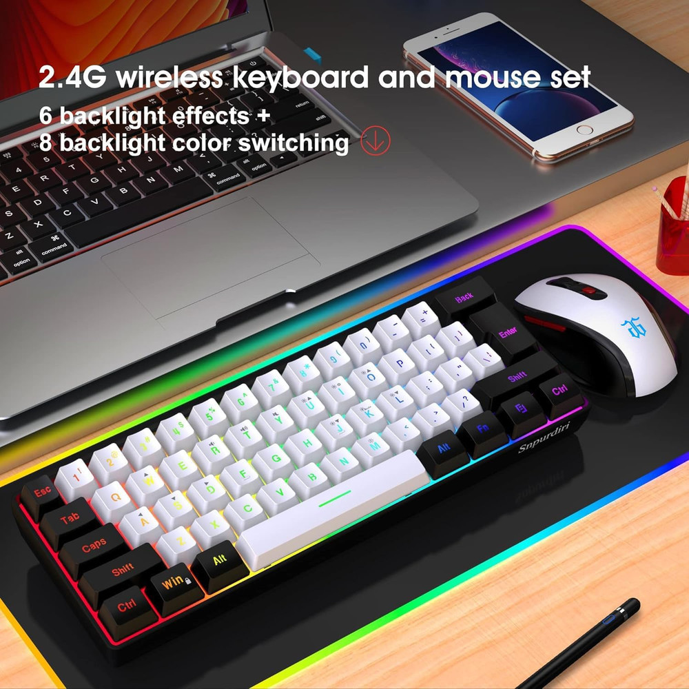 2.4G Wireless Gaming Keyboard and Mouse Combo, Include Mini 60% Merchanical Feel