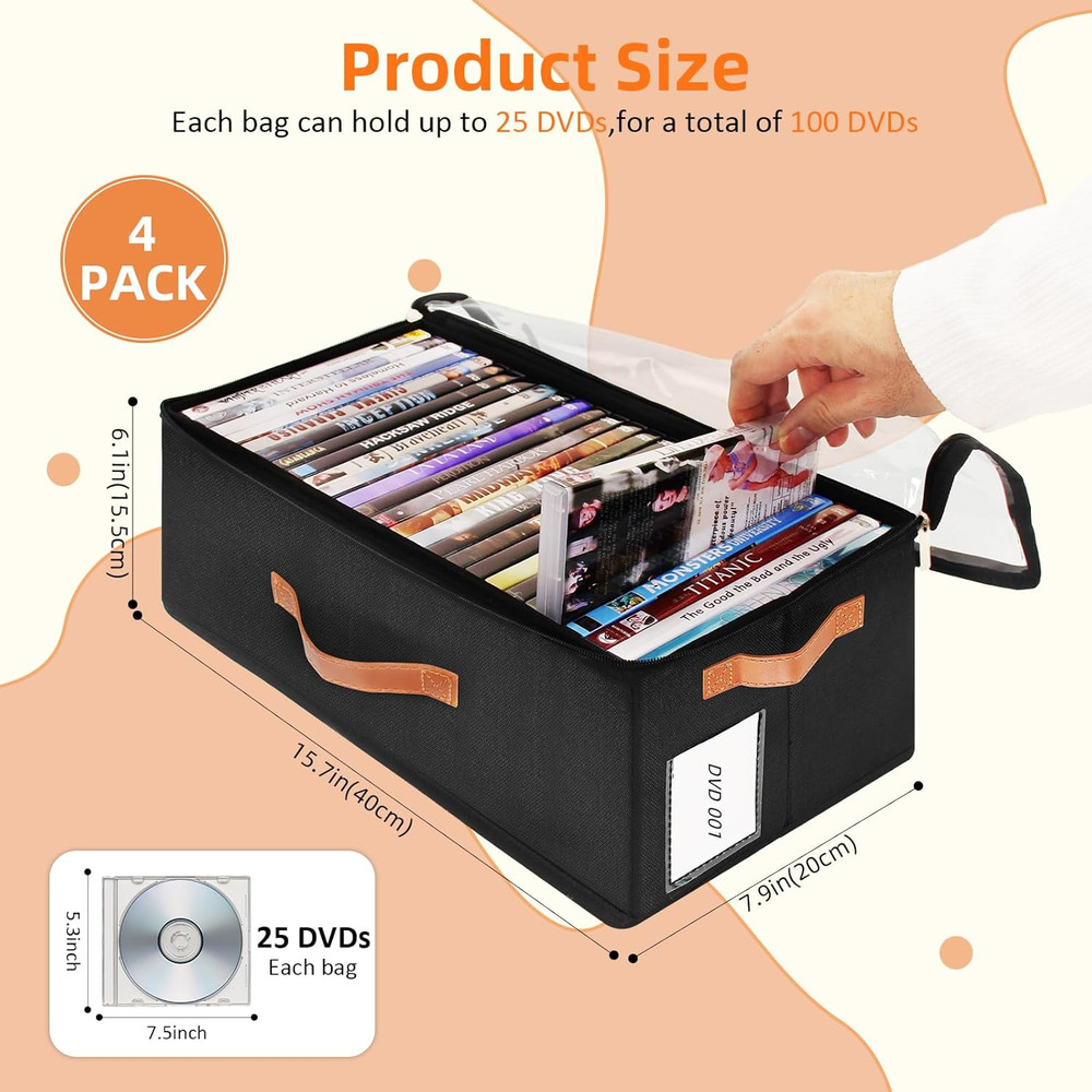 4 Pack DVD Storage Box, Stackable Oxford Fabric DVD Cases Holder with Front Zipp