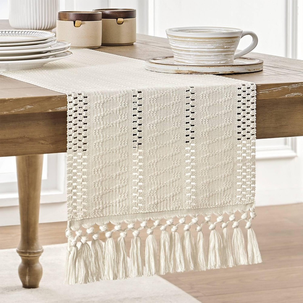 Macrame Style Boho Table Runner, Ivory Table Runners 72 Inches Long, Farmhous...