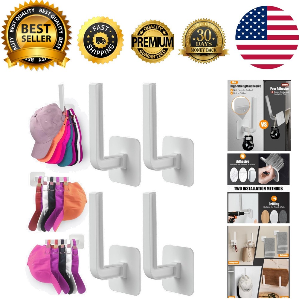 Hat Rack for Hat Storage 4-Pack, Multi-Purpose Hat Organizer, Strong Adhesive...