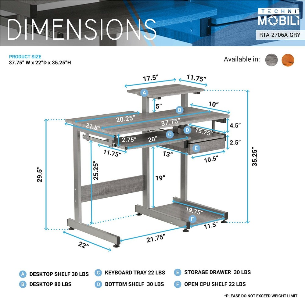 Techni Mobili Complete Computer Desk Workstation w/ Multiple Shelves and Panels