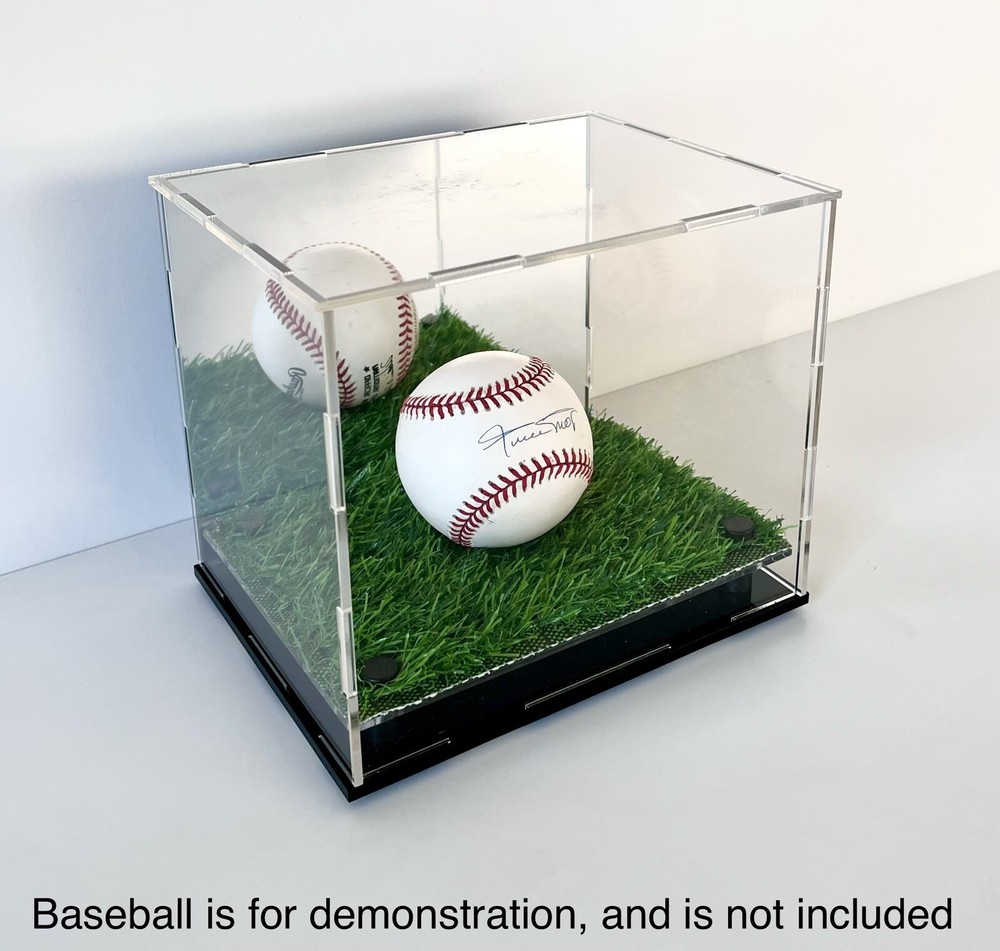 2-Pack!  NEW Baseball Display Case Cube w/ Artificial Turf Grass and Back Mirror