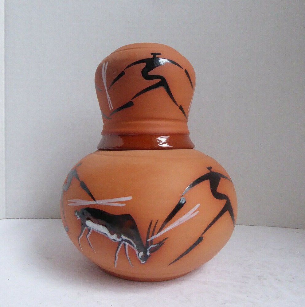 Two Piece Ceramic Terracotta Pitcher with Drinking Cup by Ti Pottery Zimbabwe