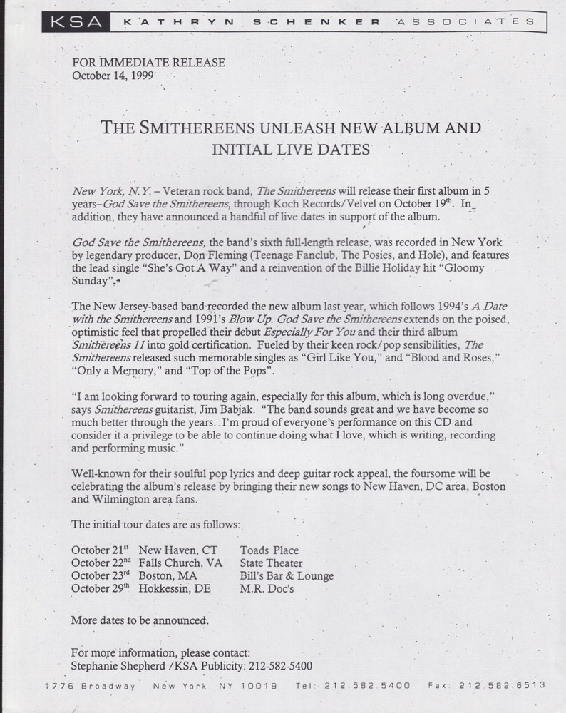 the smithereens god save the smithereens press kit 1999