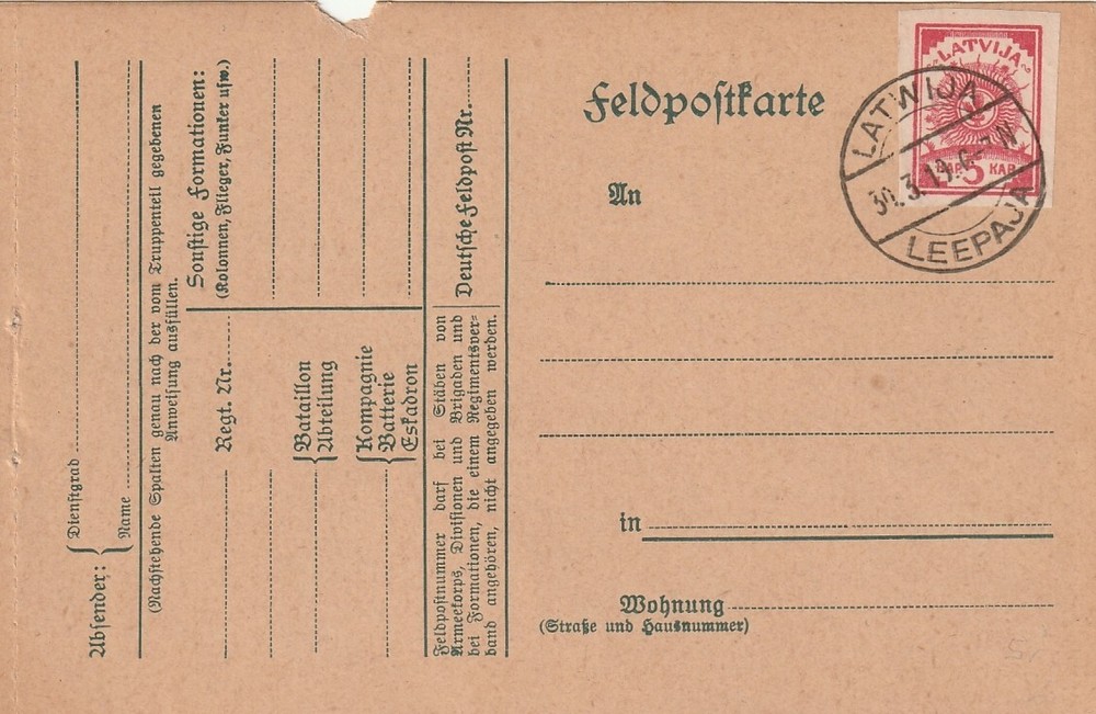 LATVIA: Franked postcard Leepaja 1919.