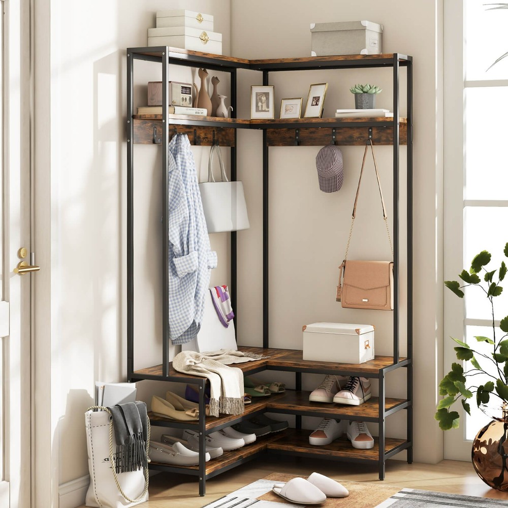 Corner Garment Rack w/ Open Shelves & 7 Hooks Shoe Bench Solid Metal Frame