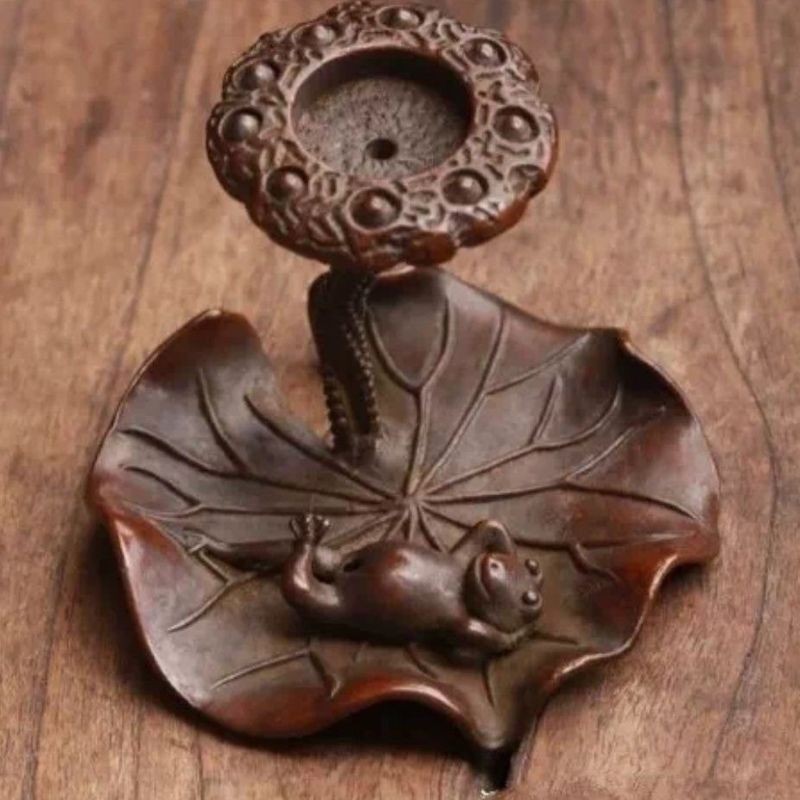 Solid Brass Lotus Frog Incense Holder Backflow Burner Tea Pet Handmade Decor