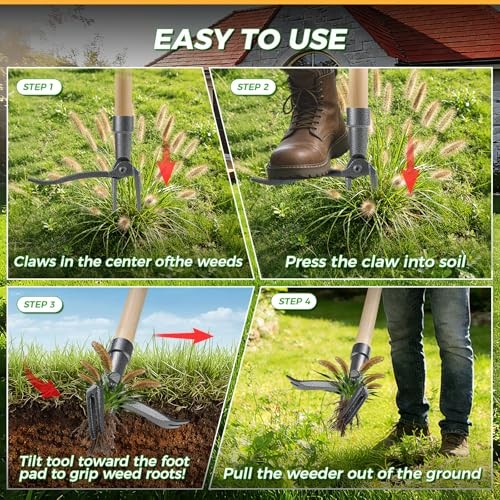 Weed Puller Tool, Stand Up Heavy Duty Root Removal Tool with 4 Bamboo brown