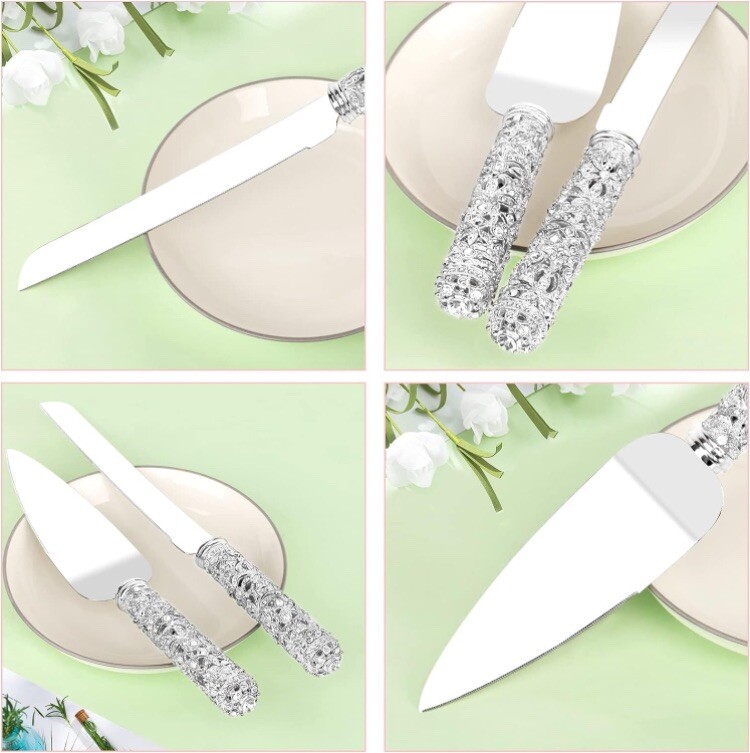 Wedding Cake Knife and Server Set - 2 Piece Dessert Set Crystal Handle with M...