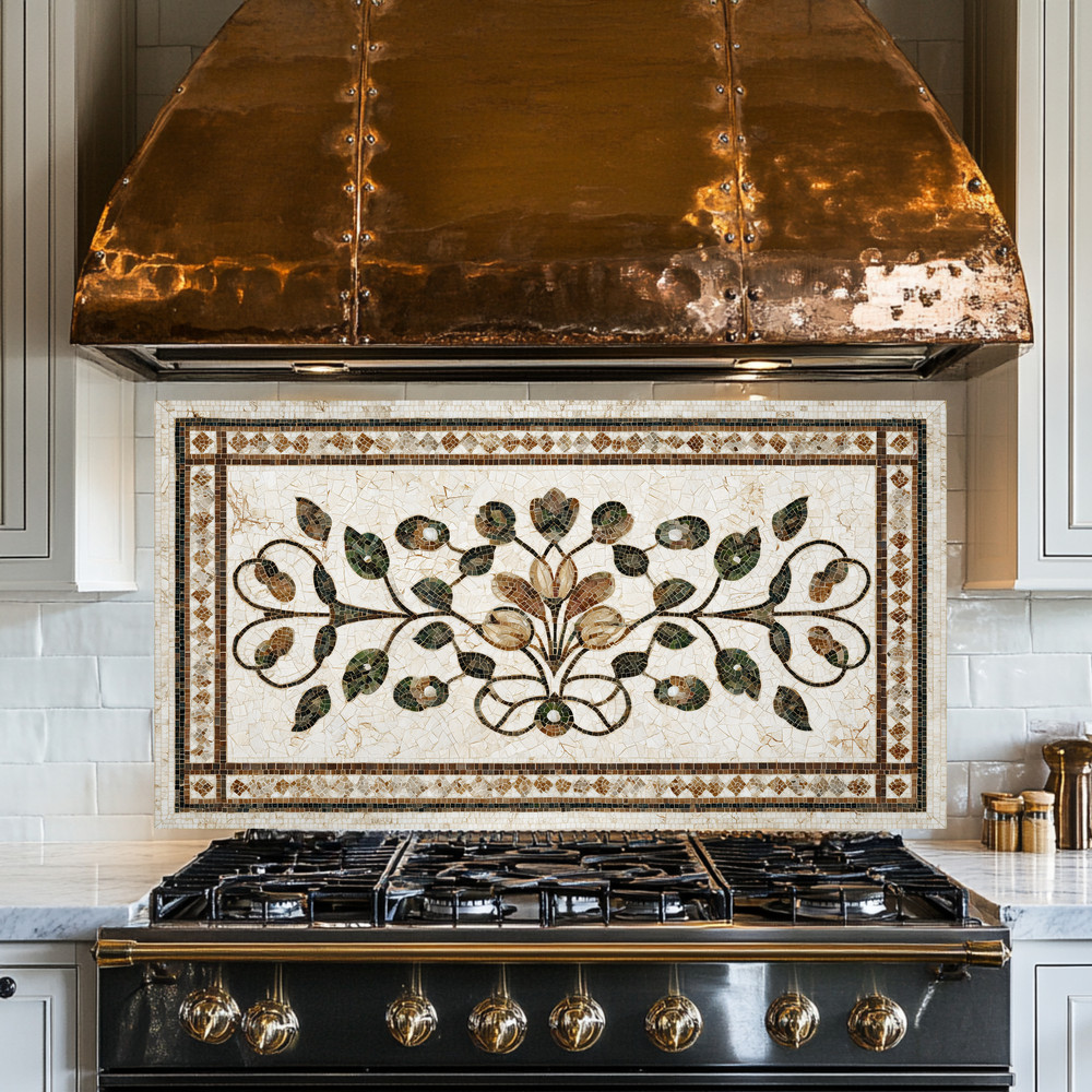 Mediterranean Mosaic Look Glass Backsplash Panel–Olive Branch Kitchen Backspla