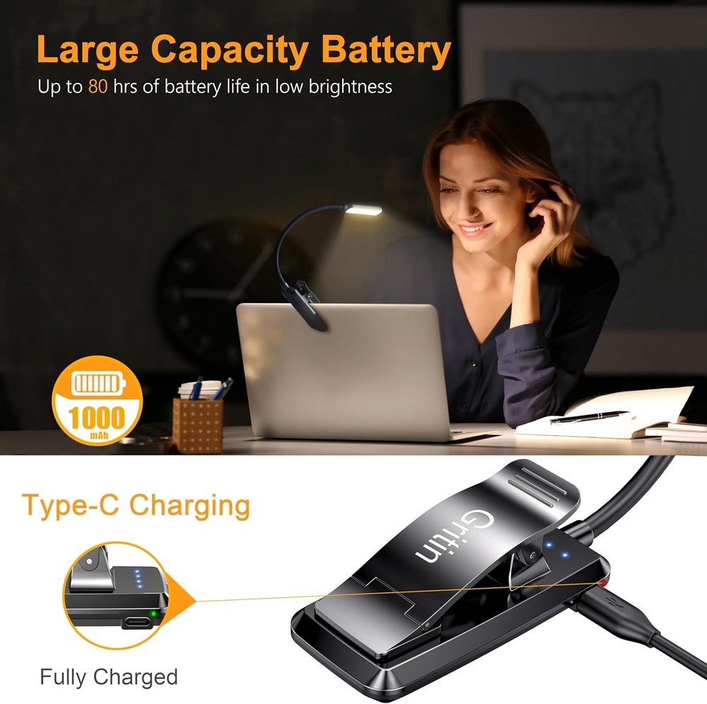 Bedside LED Reading Light - Rechargeable, 80 Hr Runtime, 3 Color Modes, Portable