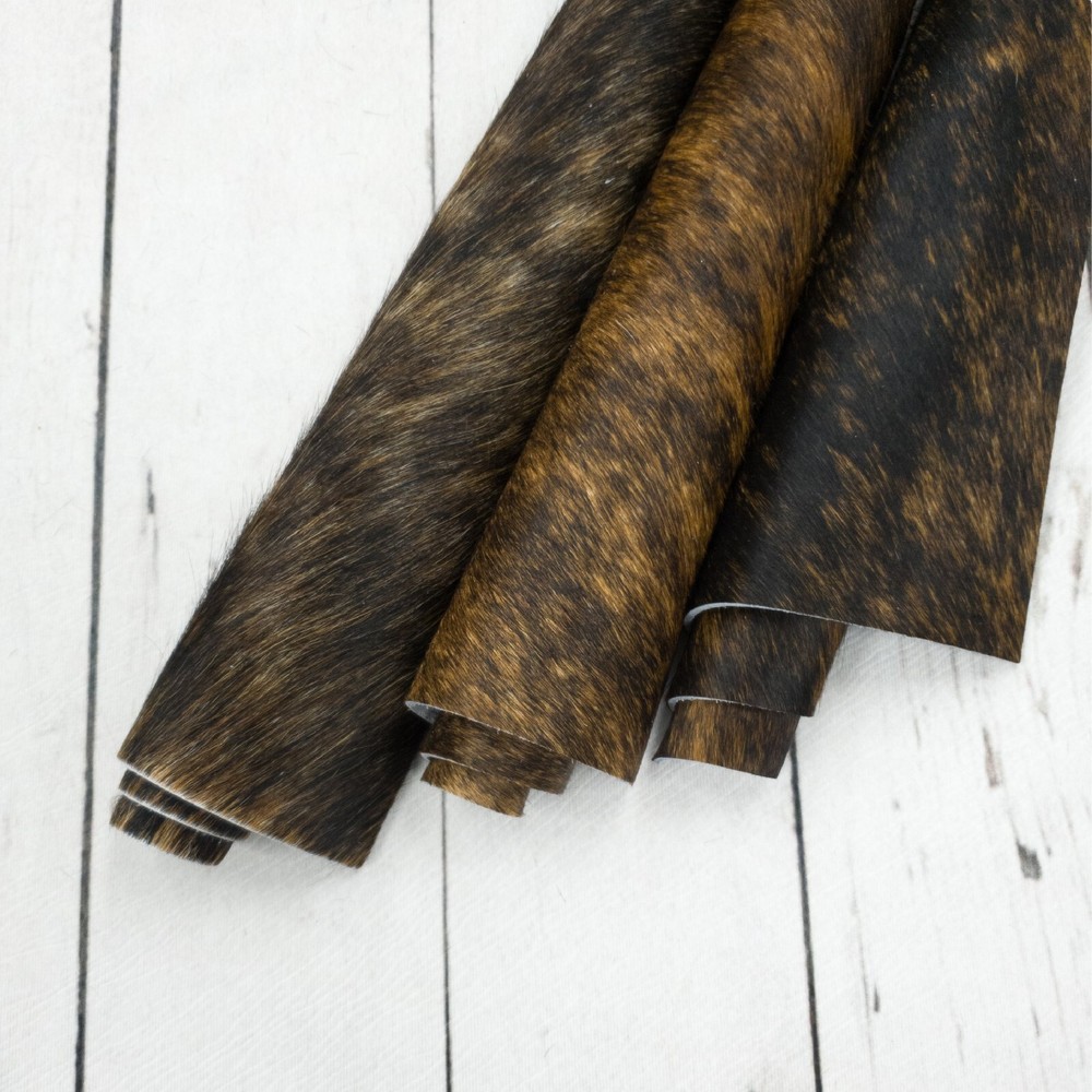 Medium Brown Brindle Hair On Cowhide Leather Sheets Pattern Hide Pieces
