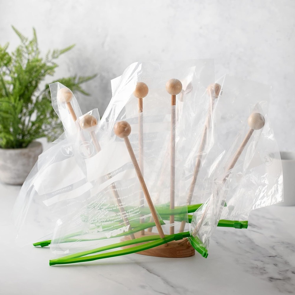 Beech Wood Plastic Bag Drying Rack Reusable Bag & Bottle Dryer w/ Sealer Clips