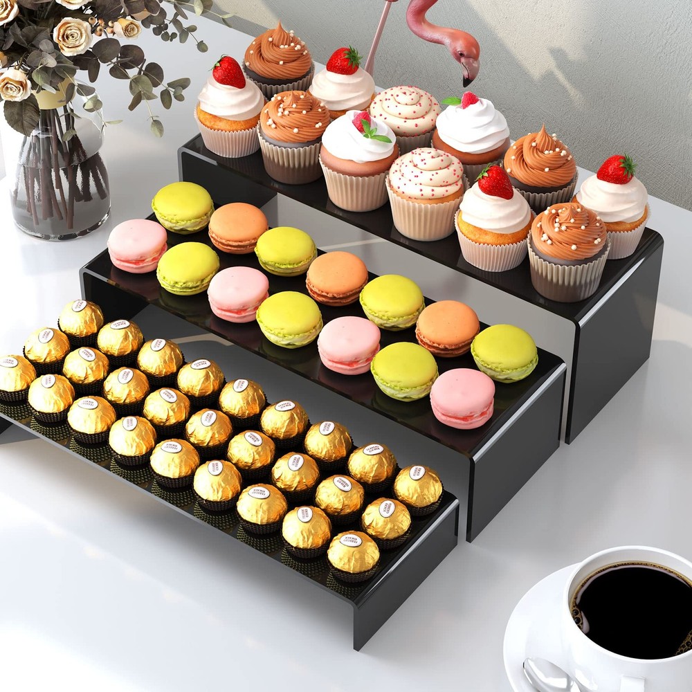 6PCS LARGE ACRYLIC RISERS BLACK RECTANGULAR SHOWCASE COLLECTIBLES DISPLAY SHELF