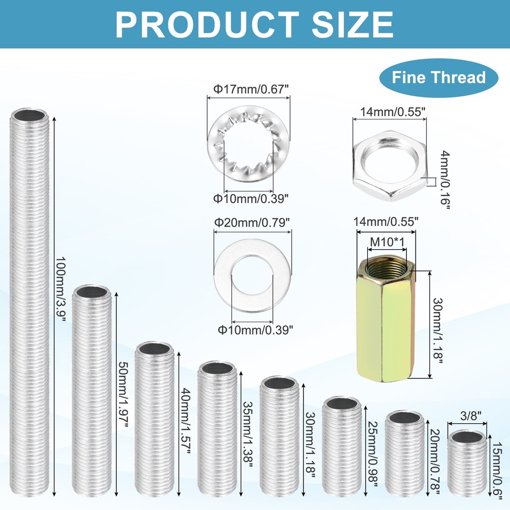 58 Pcs 8 Size M10 Lamp Pipe Kit with Lock Nuts Washers, Silver