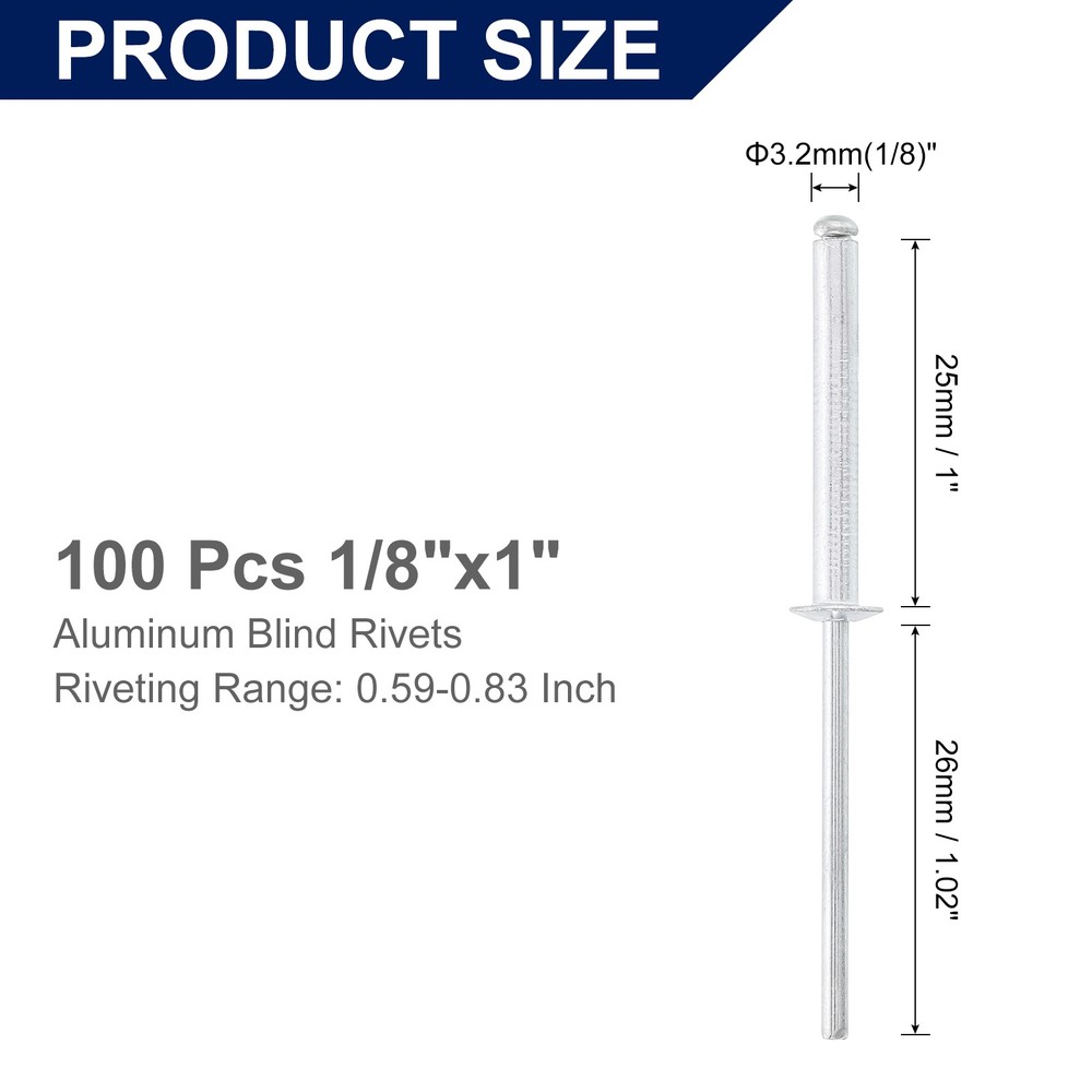 100Pcs 1/8"x1" Aluminum Blind Rivets, Dome Head Long Split Rivets, Silver