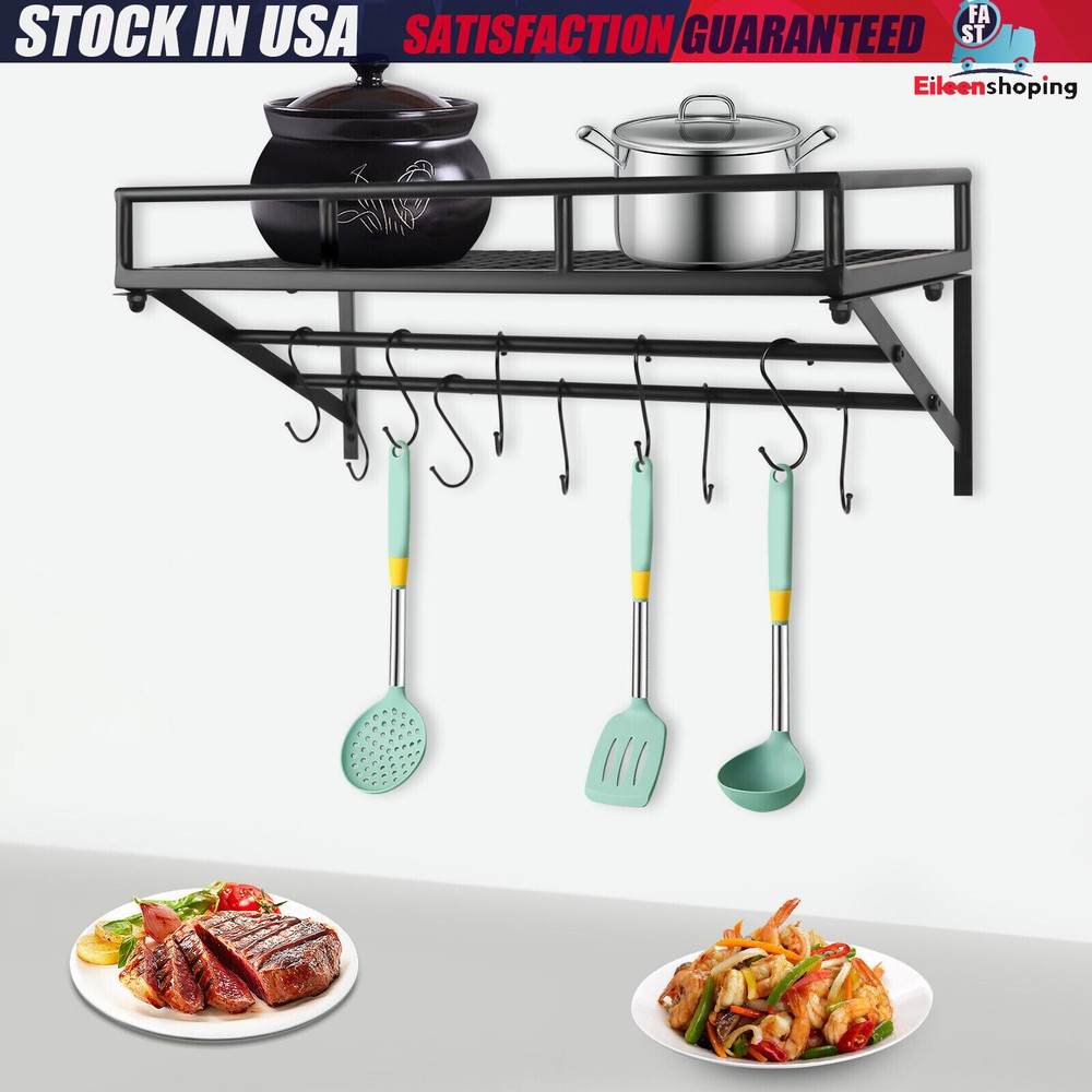 Kitchen Wall Mounted Storage Shelf Cookware Pan Pot Organizer Rack with 10 Hooks