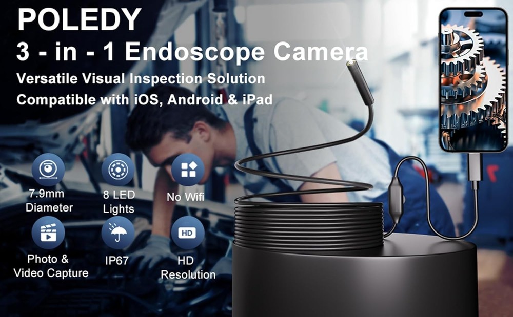 Endoscope Camera with Light, 1920P HD Borescope, 8 Adjustable LED black
