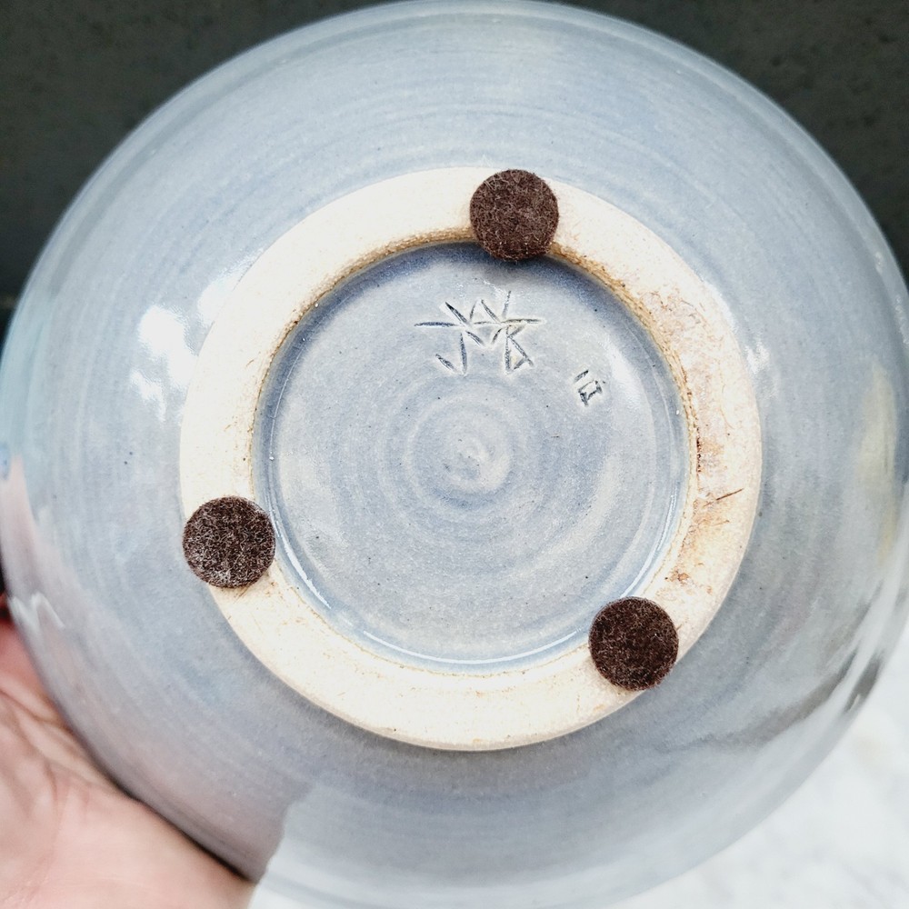 Studio Pottery Handmade Bowl Signed Heart Pattern Blue 8"
