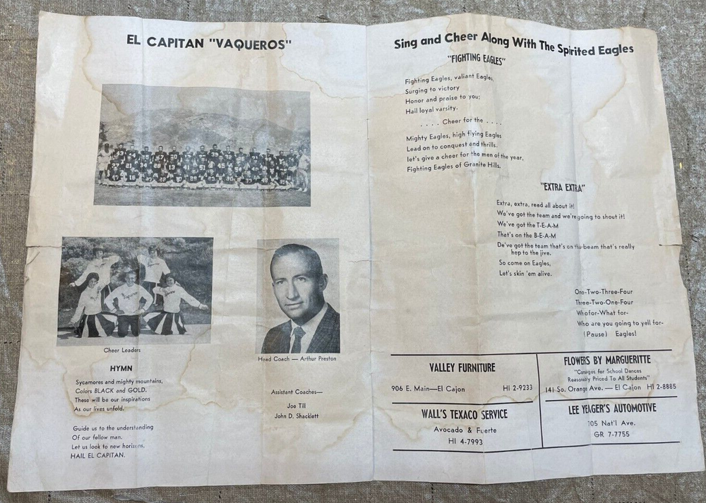 El Capitan Vaqueros VS Granite Hills Eagles High School Program 1962 Lakeside CA