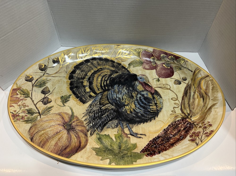 Pottery Barn Turkey Thanksgiving Large Oval Platter Ceramic Harvest