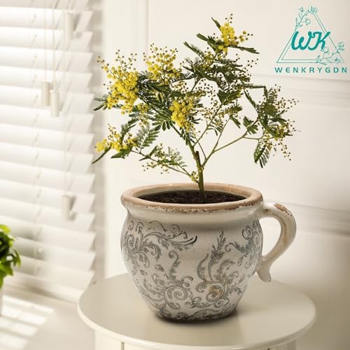 Vintage Flower Pot Rustic Planter Container with Handle Ceramic Ice Crack Gray