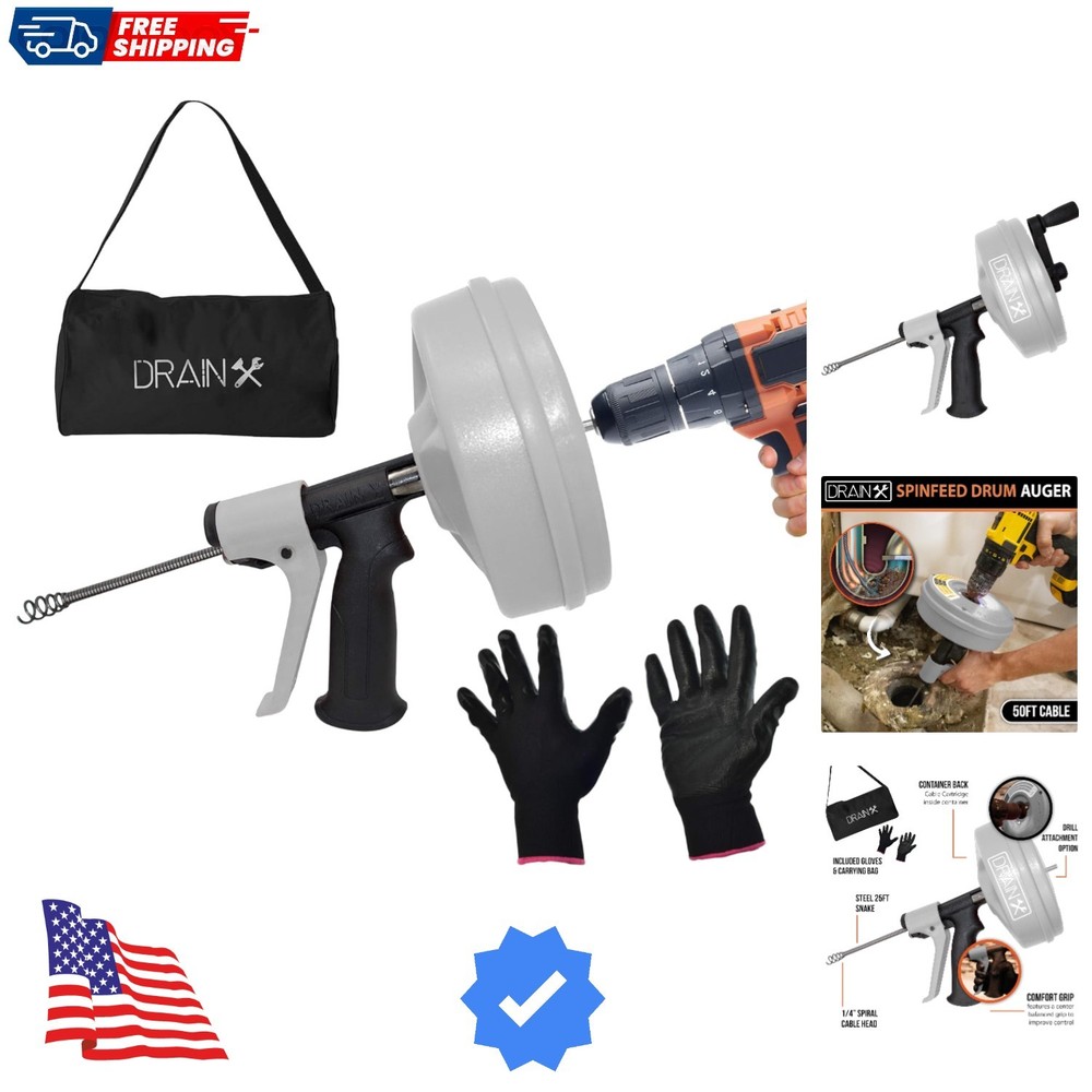 SPINFEED 50 Foot Drum Auger | Use Manually or Drill Powered - Auto Extend and...