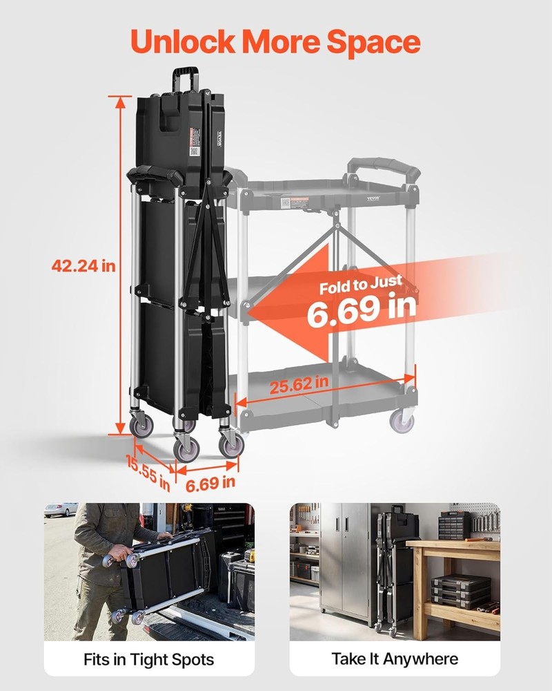 3 Shelf Folding Utility Cart 165LBS Plastic Rolling