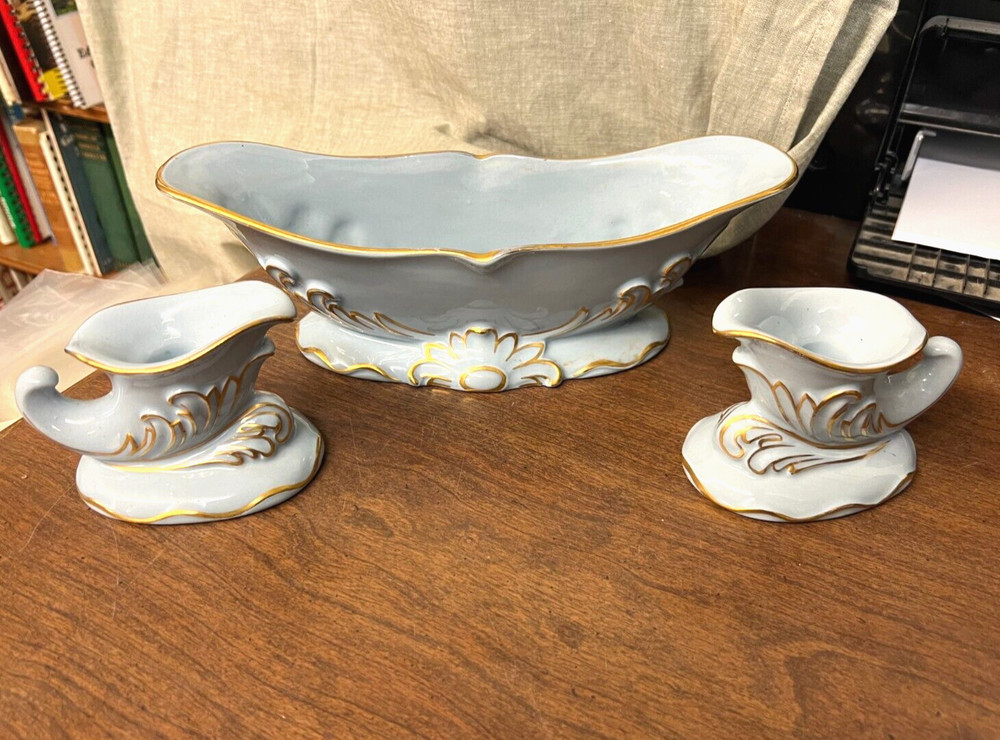 3 Piece Blue Ceramic Console Set w/ Gold Decoration