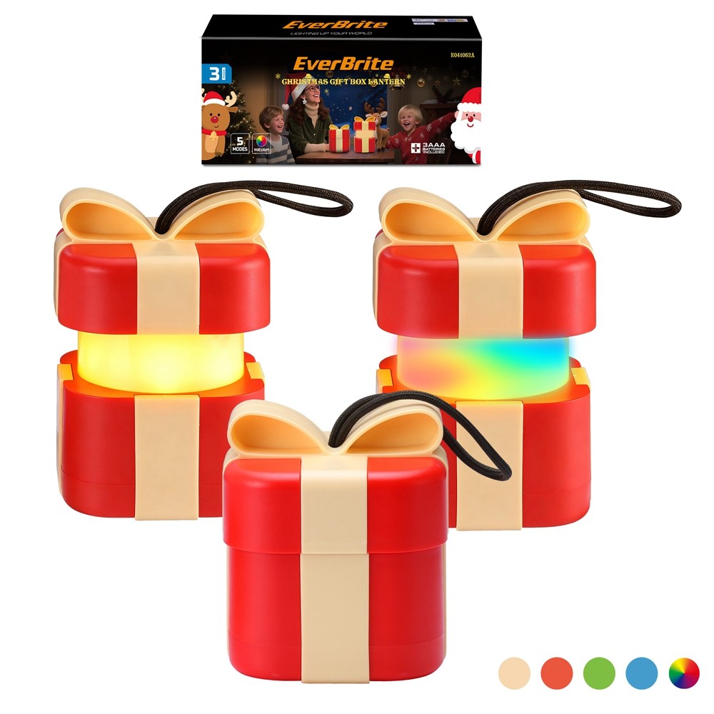 EverBrite 3PC Lantern 5 Light Mode Holiday Decoration Present Christmas Gift Box