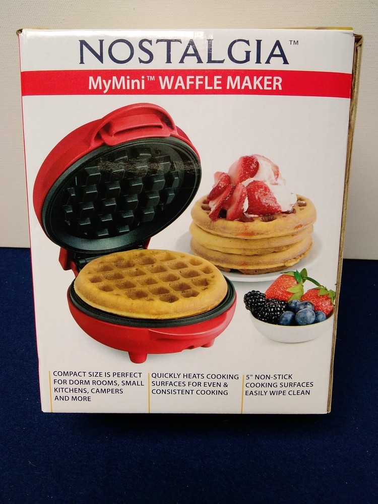 Nostalgia MyMini Waffle Maker Red 5 Inch Non-Stick Compact Size