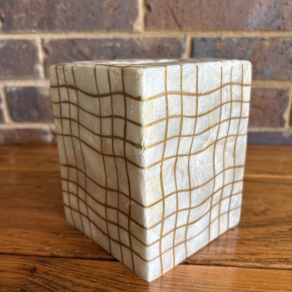 Capiz Shell Square Tissue Box Cover With Gold Plaid Pattern