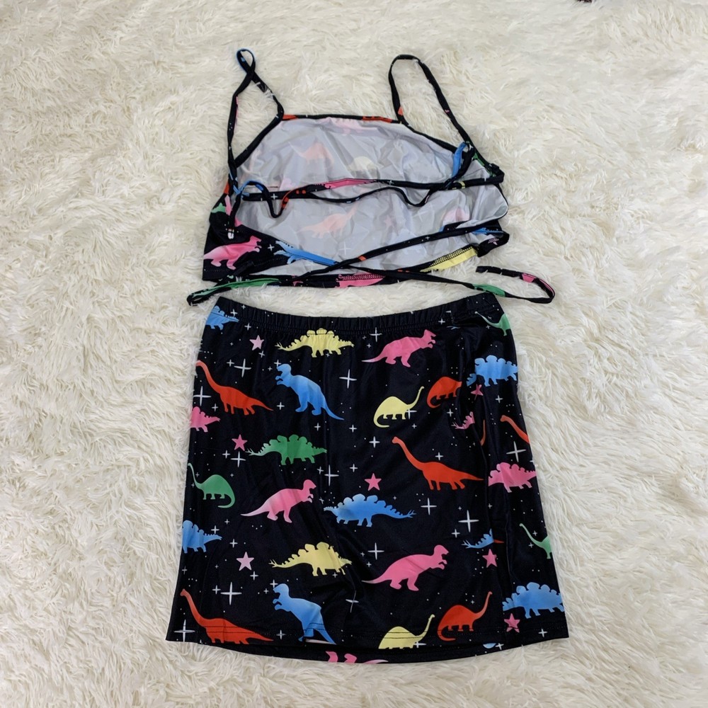 black multicolor dinosaur crop top mini skirt set medium
