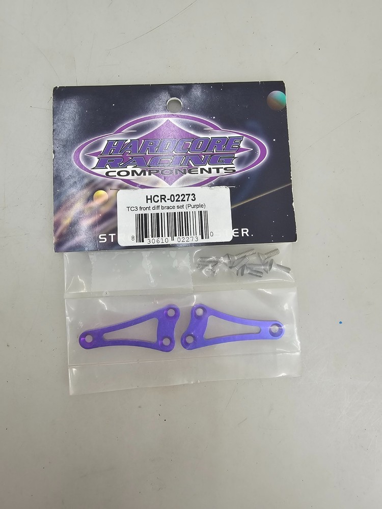 Hardcore Racing TC3 Front Differential braces Purple, some hardware removed