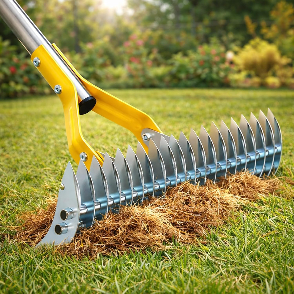 Professional Manual Thatch Rake - Heavy Duty Lawn Dethatcher with Long Handle