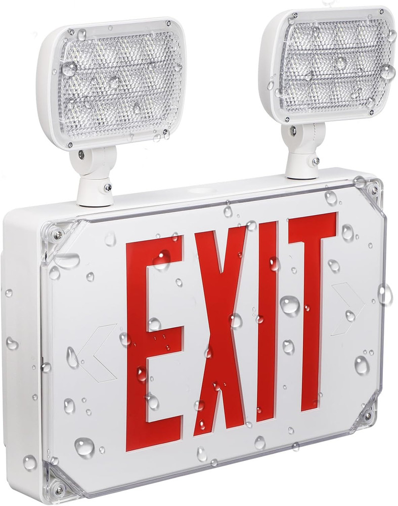 LED Exit Light, Wet Location Exit Sign with Emergency Lights, UL Listed, Outdoor