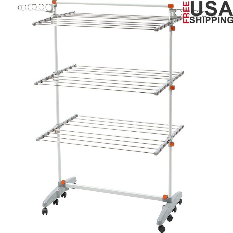 Portable Folding Drying Rack W/ Adjustable Shelves & Wheels Laundry Storage New