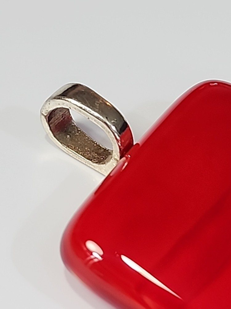 Art Glass Pendant Red w/ Silver Color Bale Rectangle Shape