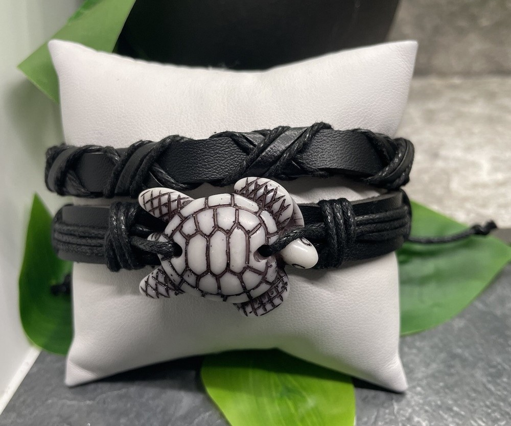 2 PC Leather Bracelet  Stackable Adjustable Tie Free Ship Turtle B3280
