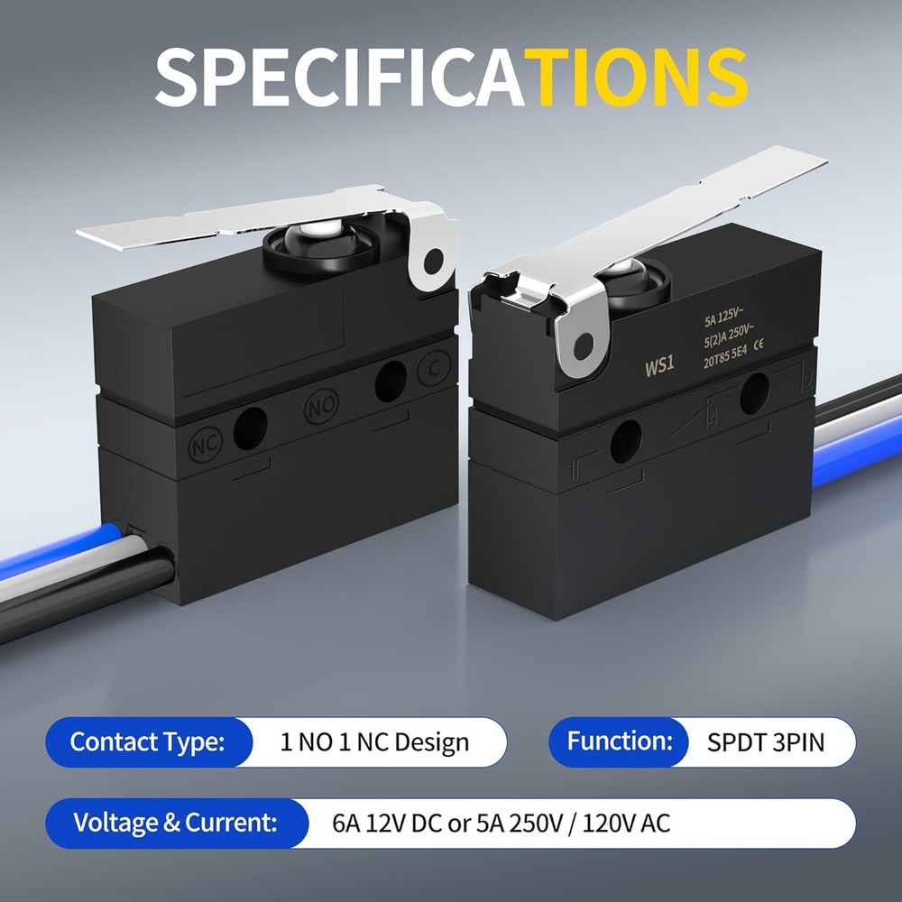 2-Pack Waterproof Micro Limit Switch SPDT 6A 12V DC / 5A 250V Pre-Wired