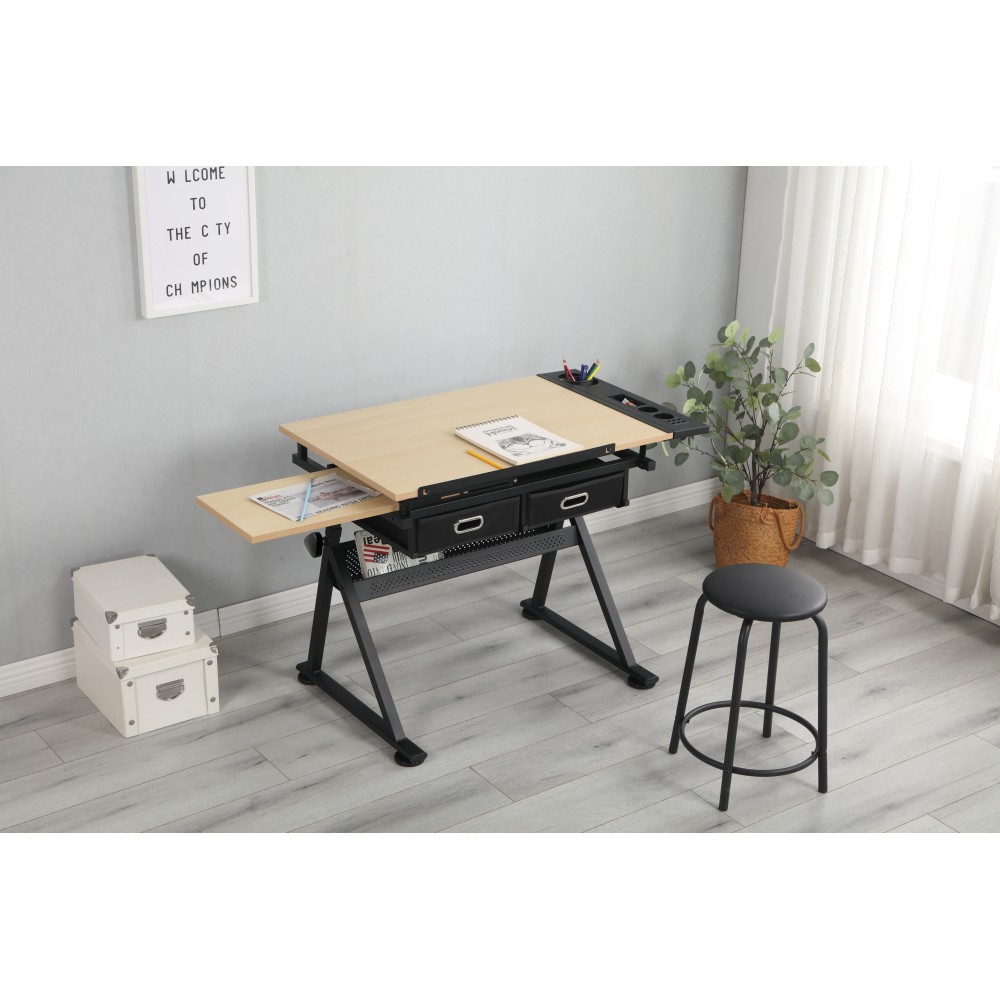 Art Drawing Desk Set - Adjustable Table & Stool - 2 Drawers，Tilting Top