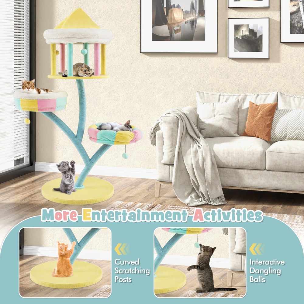 Multi-Layer Cat Tree Cat Tower w/ Open Condo 2 Removable Perches Dangling Balls