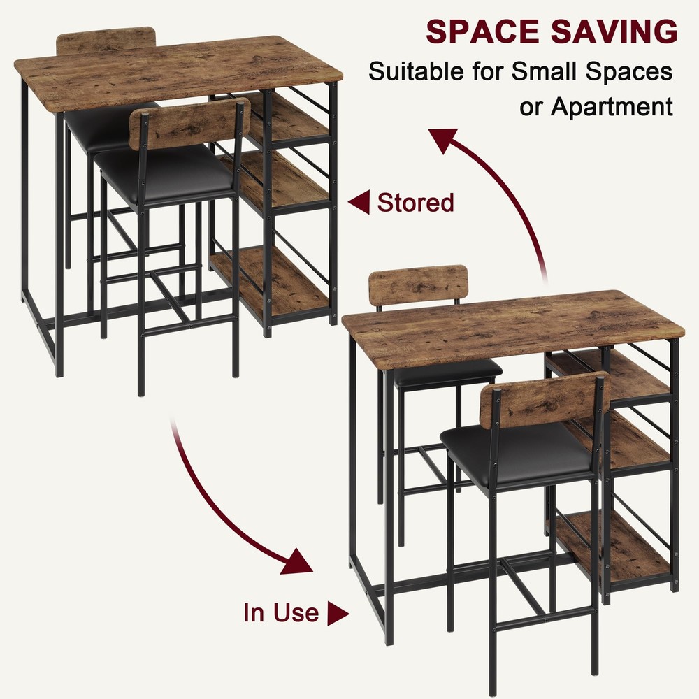 Modern Dining RoomTable Set for 2 Kitchen Table with 2 Chairs w/ Storage Shelves