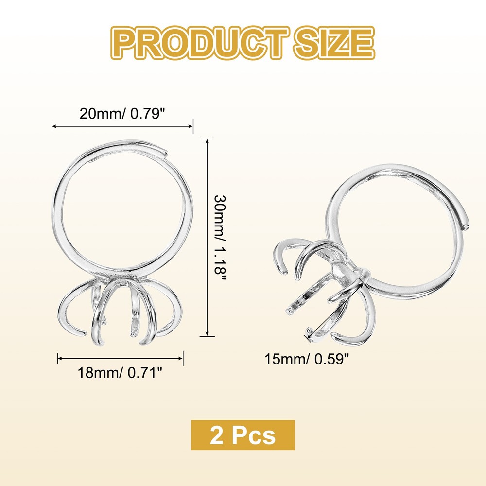 2Pcs Adjustable Prong Ring Settings for DIY Jewelry Making, Silver White