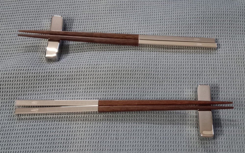 2 Pair Silver Plated Teak Wood Longevity Chopsticks Set with Rest
