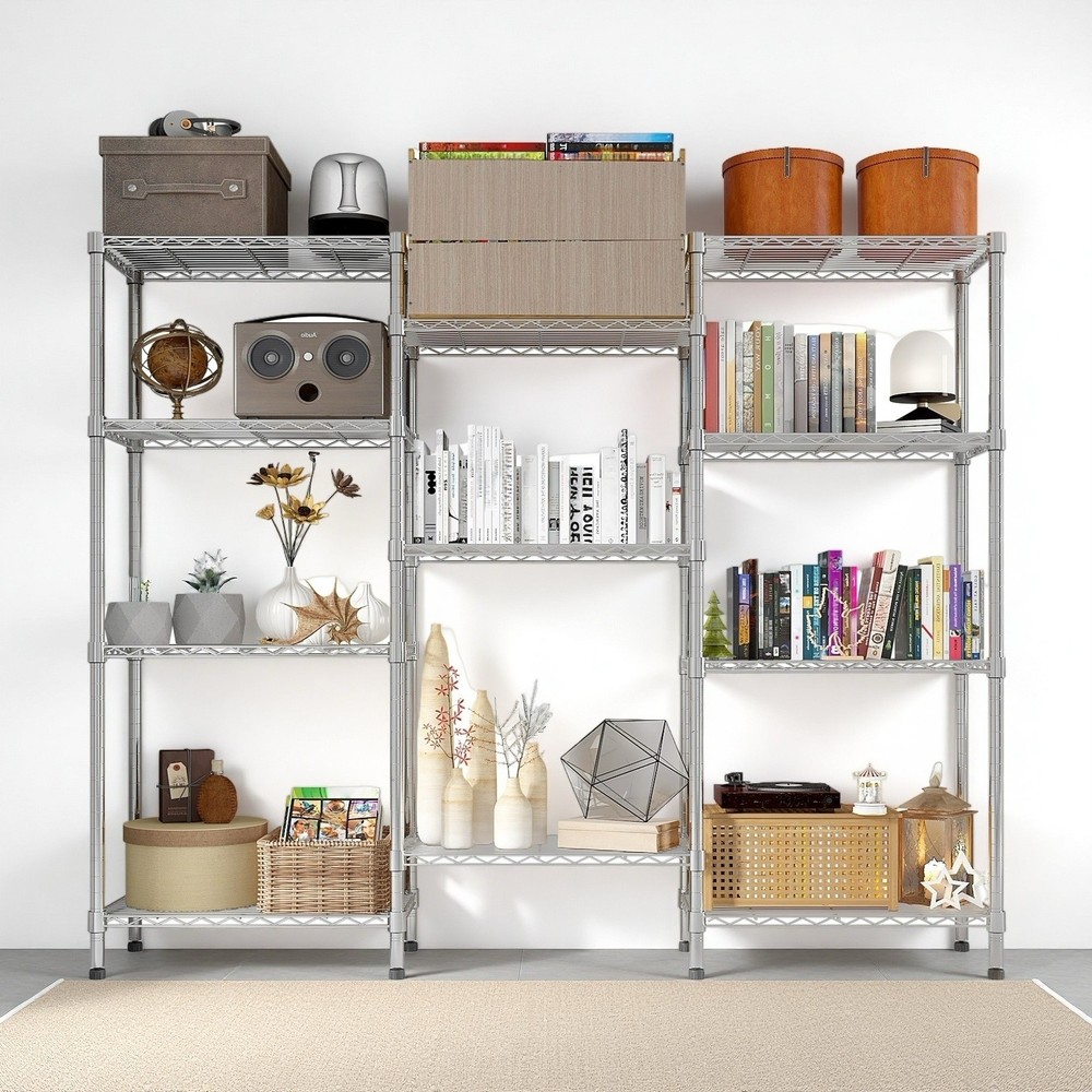4-Tier Wire Shelving Unit - 3-Column, Heavy Duty, Adjustable, Modular & Silver